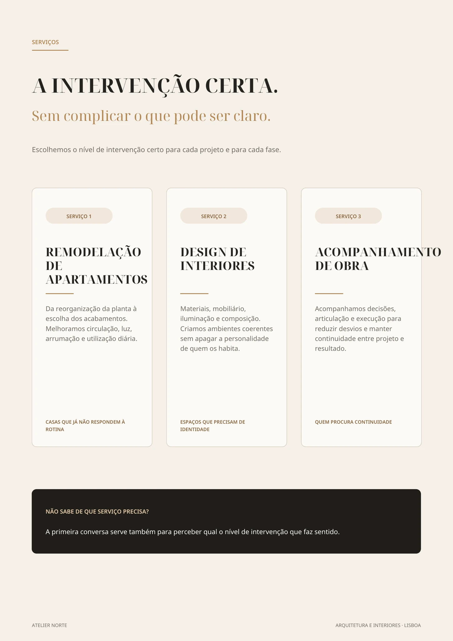 Página de serviços da apresentação conceptual Atelier Norte